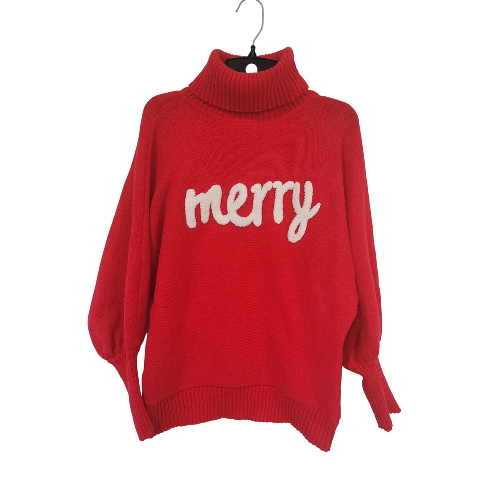 Merry Christmas Red Women's Turtleneck Sweater Dolman Sleeve Acrylic S #18